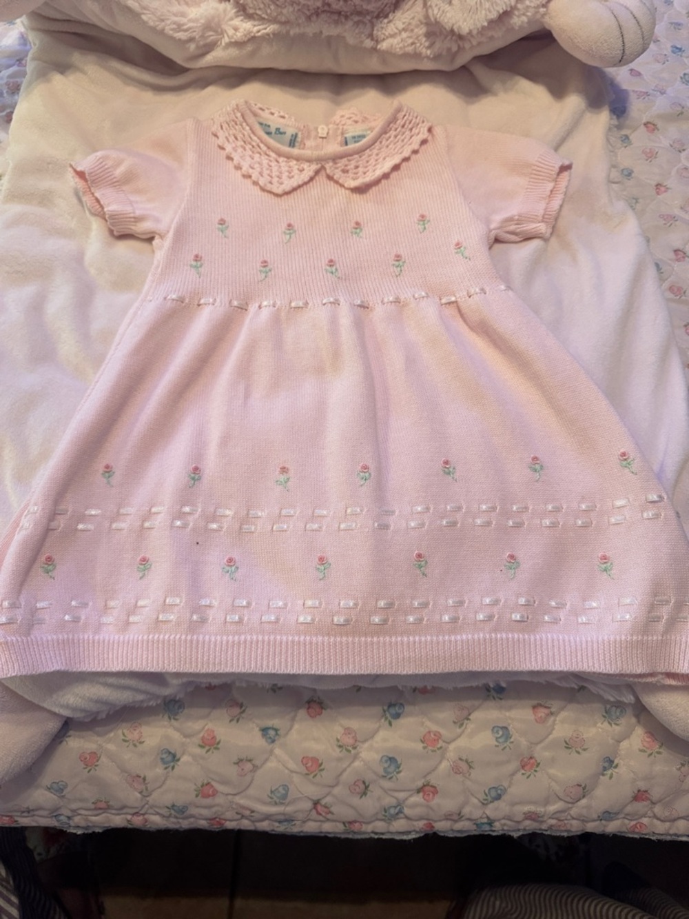 Classic Pink Knit Baby Dress with Floral Embroidery